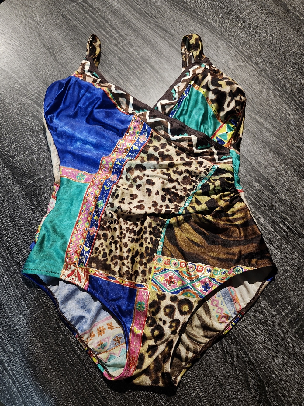 Vintage Gottex Multicolor Patchwork Leopard One-Piece Swimsuit Blue, Teal, Brown